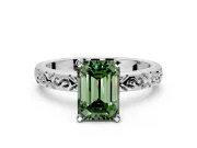 Solitaire Engagement Ring Setting for Fancy Green Emerald Cut Center with Scrollwork Band and Prong Head in White Gold