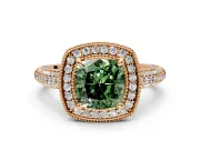 Milgrain Halo Engagement Ring Setting for Fancy Green Cushion Cut Center with Three-Sided Pave Band and Prong Head in Rose Gold