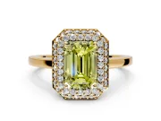 Halo Engagement Ring Setting for Fancy Yellow Emerald Cut Center with Plain Tapered Band and Prong Head in Yellow Gold