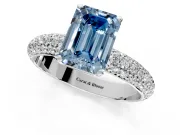 Solitaire Engagement Ring Setting for Fancy Blue Emerald Cut Center with Domed Multi-Row Pave Band and Prong Head in Platinum