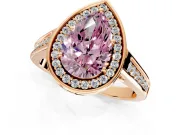 Halo Engagement Ring Setting for Fancy Pink Pear-Shaped Center with Outer Bezel Rim, Pave Band and Prong Head in Rose Gold