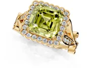 Halo Engagement Ring Setting for Fancy Yellow Asscher Cut Center with Leaf Motif Split Shank and Prong Head in Yellow Gold