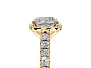 Halo Engagement Ring Setting for Cushion Cut Center with Full Pave Band and Prong Head in Yellow Gold