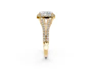 Halo Engagement Ring Setting for Radiant Cut Center with Pave Split Shank and Prong Head in Yellow Gold