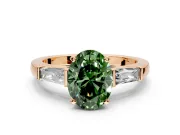 3 Stone Engagement Ring Setting for Fancy Green Oval Center with Tapered Baguettes, Plain Band and Prong Head in Rose Gold