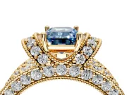 Pave Engagement Ring Setting for Fancy Blue Emerald Cut Center with Curved Accent Rows, Openwork and Prong Head in Yellow Gold