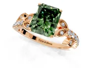 Leaf Motif Engagement Ring Setting for Fancy Green Radiant Cut Center with Pave Band and Prong Head in Rose Gold