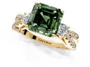 3 Stone Engagement Ring Setting for Fancy Green Asscher Cut Center with Pave Split Shank and Prong Head in Yellow Gold