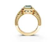 Milgrain Halo Engagement Ring Setting for Fancy Green Asscher Cut Center with Pave Band and Prong Head in Yellow Gold