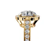Bezel-Framed Halo Engagement Ring Setting for Round Cut Center with Pave Band and Prong Head in Yellow Gold