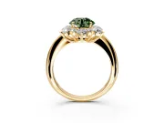 Small-Accent Cluster Halo Engagement Ring Setting for Fancy Green Round Cut Center with Plain Band and Prong Head in Yellow Gold