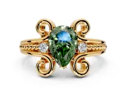 Solitaire Engagement Ring Setting for Fancy Green Pear-Shaped Center with Twisted Band and Scroll Prong Head in Yellow Gold