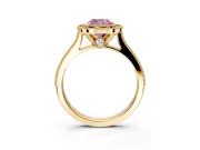 Halo Engagement Ring Setting for Fancy Pink Cushion Cut Center with Milgrain Pave Band and Bezel Head in Yellow Gold