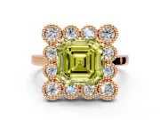 Cluster Halo Engagement Ring Setting for Fancy Yellow Asscher Cut Center with Milgrain Bezel Accents and Prong Head in Rose Gold