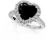 Halo Engagement Ring Setting for Fancy Black Heart-Shaped Center with Narrowing Pave Band and Prong Head in White Gold