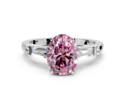 Bar-Set Engagement Ring Setting for Fancy Pink Oval Center with Tapered Baguette Accents and Prong Head in Platinum