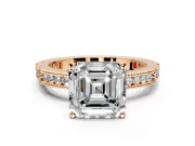 Solitaire Engagement Ring Setting for Asscher Cut Center with Milgrain-Edged Pave Band and Prong Head in Rose Gold