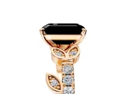 Leaf Motif Engagement Ring Setting for Fancy Black Emerald Cut Center with Pave Band and Prong Head in Rose Gold