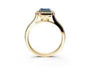 Halo Engagement Ring Setting for Fancy Blue Asscher Cut Center with Pave Accents, Heart Basket and Prong Head in Yellow Gold