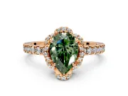 Halo Engagement Ring Setting for Fancy Green Pear-Shaped Center with Openwork Halo, Pave Band and Prong Head in Rose Gold