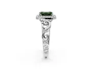 Halo Engagement Ring Setting for Fancy Green Emerald Cut Center with Open Scroll Shoulders and Prong Head in Platinum