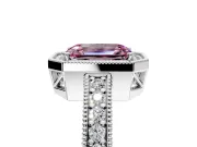 Milgrain Halo Engagement Ring Setting for Fancy Pink Emerald Cut Center with Wide Pave Band and Prong Head in White Gold