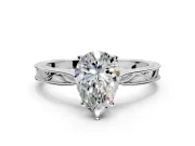 Solitaire Engagement Ring Setting for Pear-Shaped Center with Engraved Milgrain Band and Prong Head in White Gold