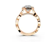 Halo Engagement Ring Setting for Radiant Cut Center with Twist Band and Prong Head in Rose Gold