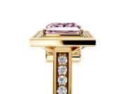 Halo Engagement Ring Setting for Fancy Pink Princess Cut Center with Outer Bezel Rim, Pave Band and Prong Head in Yellow Gold