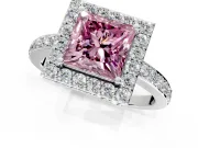 Halo Engagement Ring Setting for Fancy Pink Princess Cut Center with Heart-Shaped Openwork, Pave Band and Prong Head in White Gold