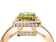Halo Engagement Ring Setting for Fancy Yellow Emerald Cut Center with Metal-Rimmed Halo, Pave Band and Prong Head in Rose Gold