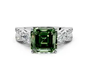3 Stone Engagement Ring Setting for Fancy Green Asscher Cut Center with Pave Split Shank and Prong Head in Sterling Silver
