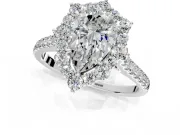 Halo Engagement Ring Setting for Pear-Shaped Center with Single-Row Pave, Open Basket and Prong Head in Platinum