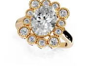 Cluster Halo Engagement Ring Setting for Oval Center with Milgrain Bezel Accents and Prong Head in Yellow Gold