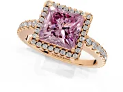 Accent Halo Engagement Ring Setting for Fancy Pink Princess Cut Center with Full-Length Pave Band and Prong Head in Rose Gold