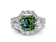Halo Engagement Ring Setting for Fancy Green Radiant Cut Center with Two-Strand Split Shank and Prong Head in Platinum