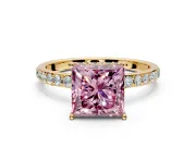 Hidden Halo Engagement Ring Setting for Fancy Pink Princess Cut Center with Pave Band and Prong Head in Yellow Gold