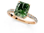 Hidden Halo Engagement Ring Setting for Fancy Green Radiant Cut Center with Pave Band and Prong Head in Rose Gold
