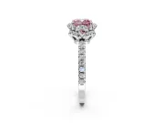 Halo Engagement Ring Setting for Fancy Pink Cushion Cut Center with Openwork Halo, Pave Band and Prong Head in Sterling Silver