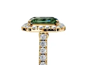 Halo Engagement Ring Setting for Fancy Green Emerald Cut Center with Narrowing Pave Band and Prong Head in Yellow Gold
