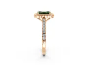 Milgrain Floral Halo Engagement Ring Setting for Fancy Green Emerald Cut Center with Pave Band and Prong Head in Rose Gold