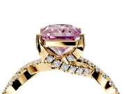 Solitaire Engagement Ring Setting for Fancy Pink Radiant Cut Center with Narrow Twist Pave Band and Prong Head in Yellow Gold