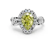 Halo Engagement Ring Setting for Fancy Yellow Pear-Shaped Center with Open Scroll Shoulders and Prong Head in Sterling Silver