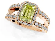 Halo Engagement Ring Setting for Fancy Yellow Emerald Cut Center with Wide-Open Pave Split Shank and Prong Head in Rose Gold