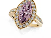 Bezel-Framed Halo Engagement Ring Setting for Fancy Pink Marquise Center with Pave Band and Prong Head in Yellow Gold