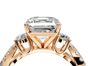 3 Stone Engagement Ring Setting for Asscher Cut Center with Pave Split Shank and Prong Head in Rose Gold