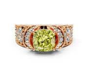 Pave Engagement Ring Setting for Fancy Yellow Cushion Cut Center with Curved Accent Rows, Openwork and Prong Head in Rose Gold