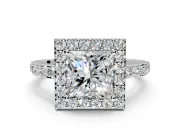 Halo Engagement Ring Setting for Princess Cut Center with Heart-Shaped Openwork, Pave Band and Prong Head in Sterling Silver