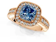Milgrain Halo Engagement Ring Setting for Fancy Blue Cushion Cut Center with Pave Band and Prong Head in Rose Gold