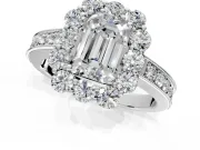Halo Engagement Ring Setting for Emerald Cut Center with Milgrain Channel Band and Prong Head in Platinum
